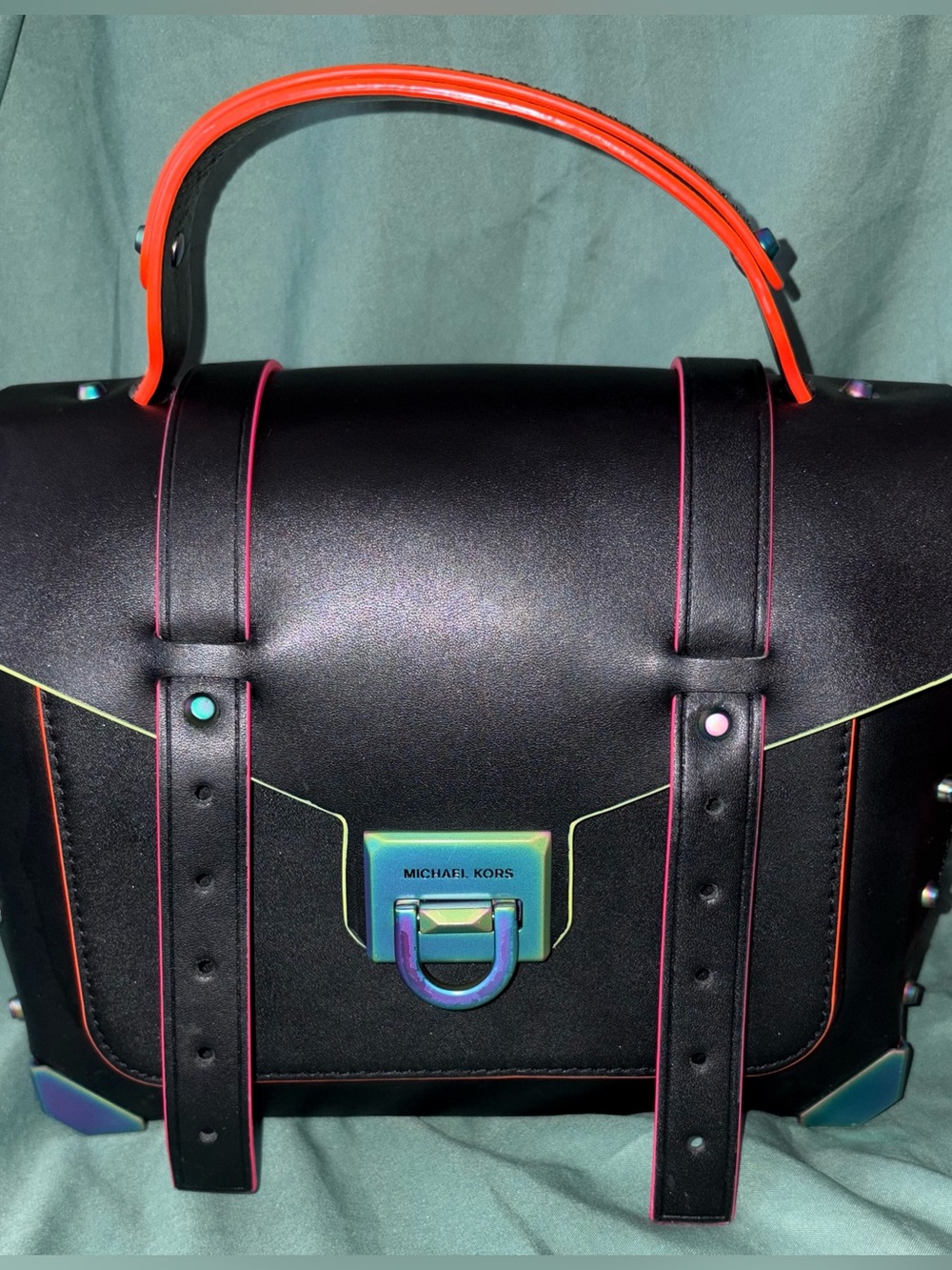 Michael Kors Black Satchel with Neon Orange Handle and Pink Piping